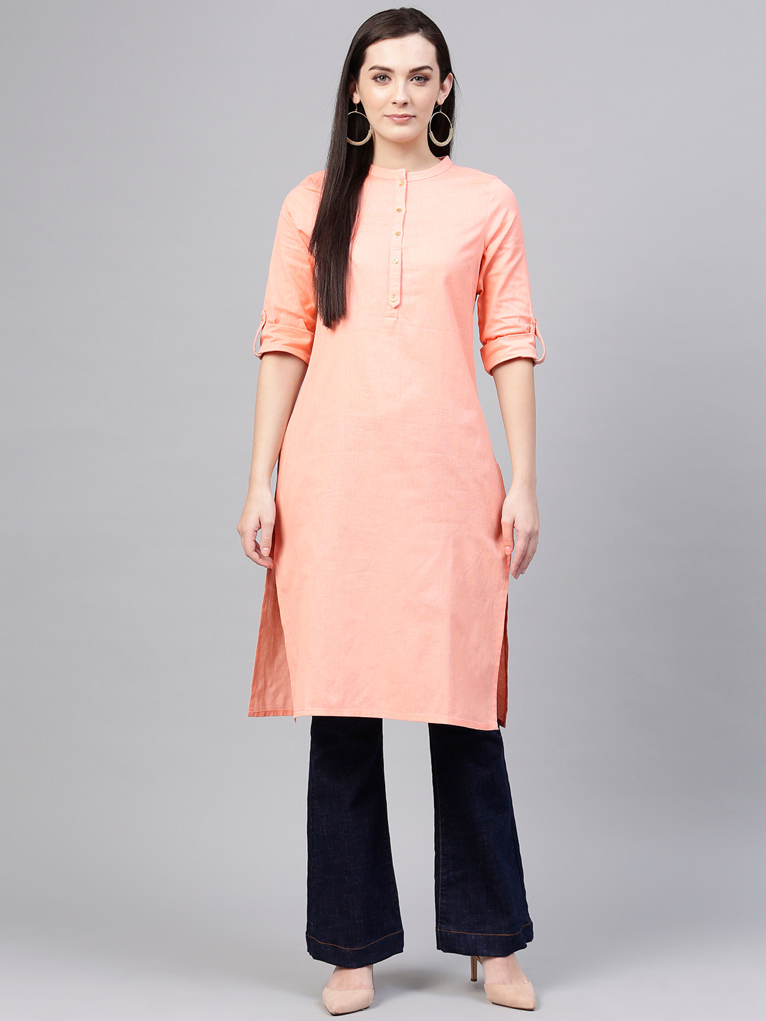 

W Women Peach-Coloured Solid Straight Kurta