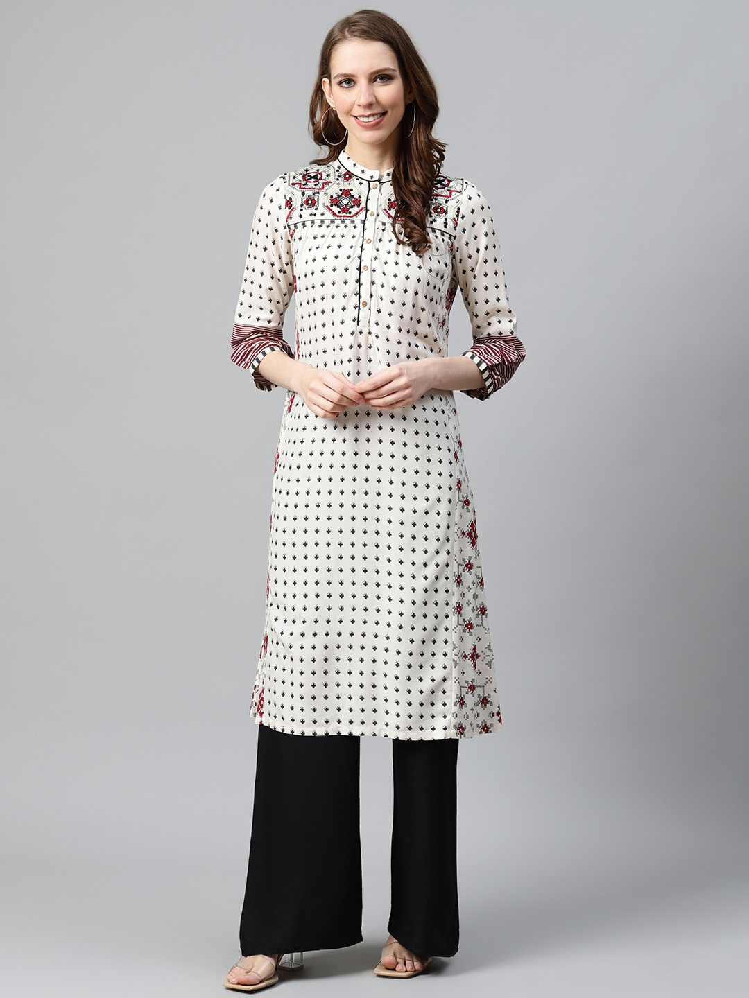 

W Women Off-White & Charcoal Grey Geometric Printed A-Line Kurta