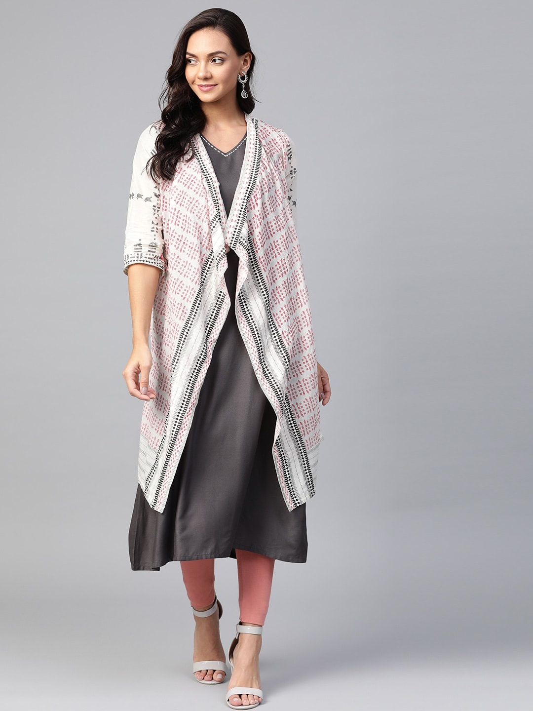 

W Women Charcoal Grey & Off-White Solid Layered A-Line Sustainable Kurta
