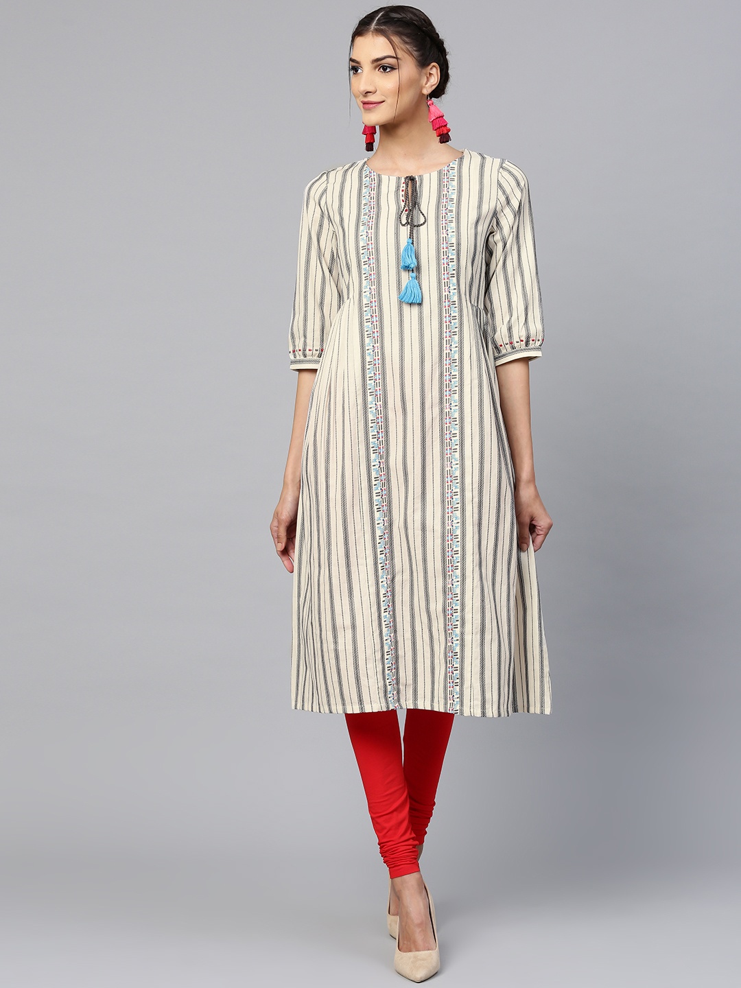 

W Women Off-White & Black Striped A-Line Kurta
