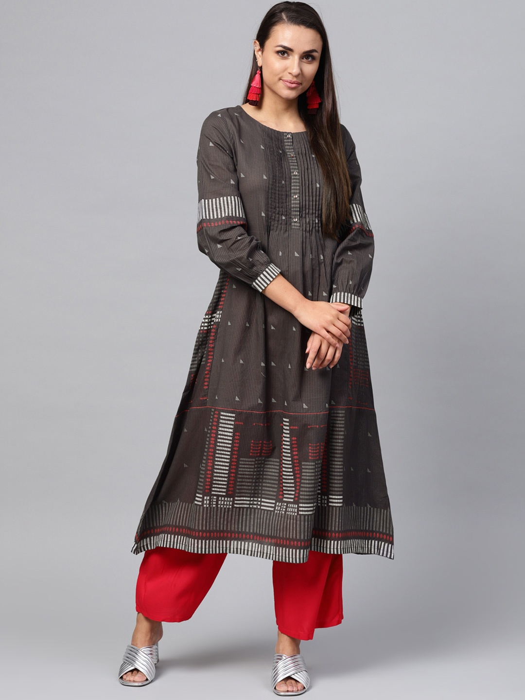 

W Women Charcoal Grey Printed A-Line Kurta