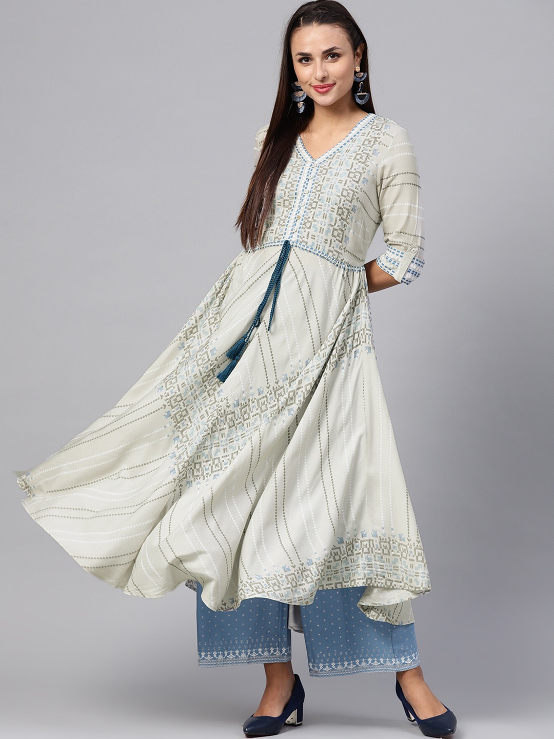 

W Women Grey Printed Anarkali Kurta