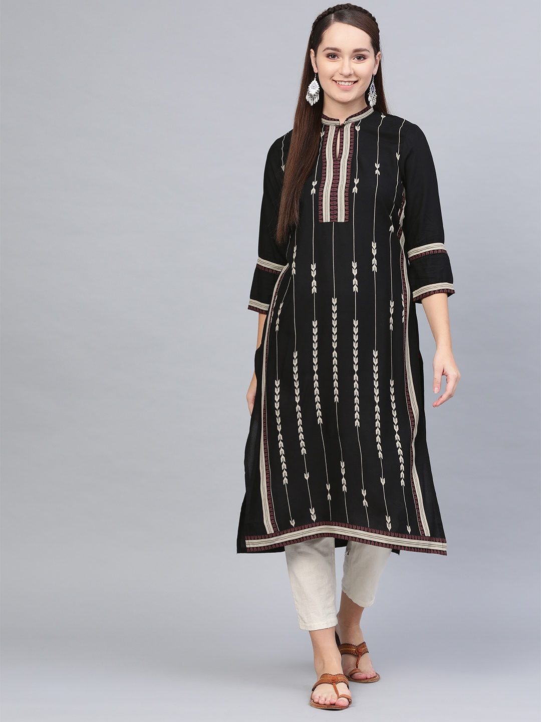 

W Women Black & Off White Striped A-Line Kurta
