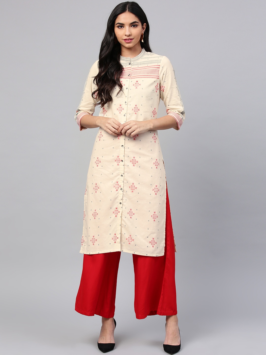 

W Women Off-White Woven Design Straight Kurta