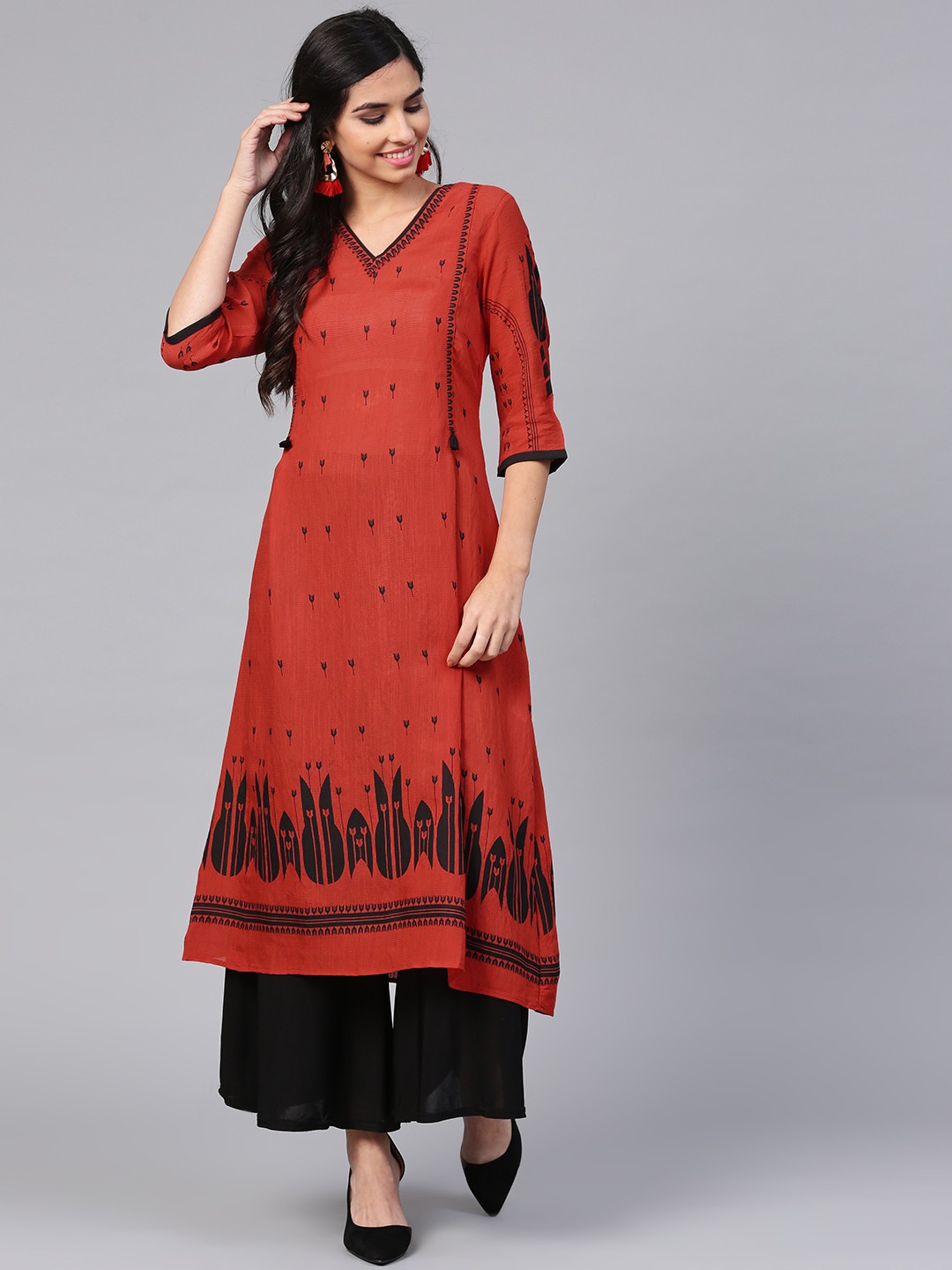 

W Women Rust Brown & Black Printed A-Line Kurta