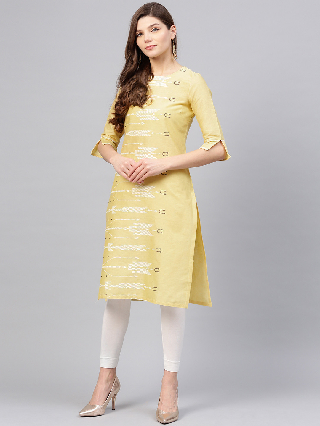 

W Women Yellow & White Printed Straight Kurta