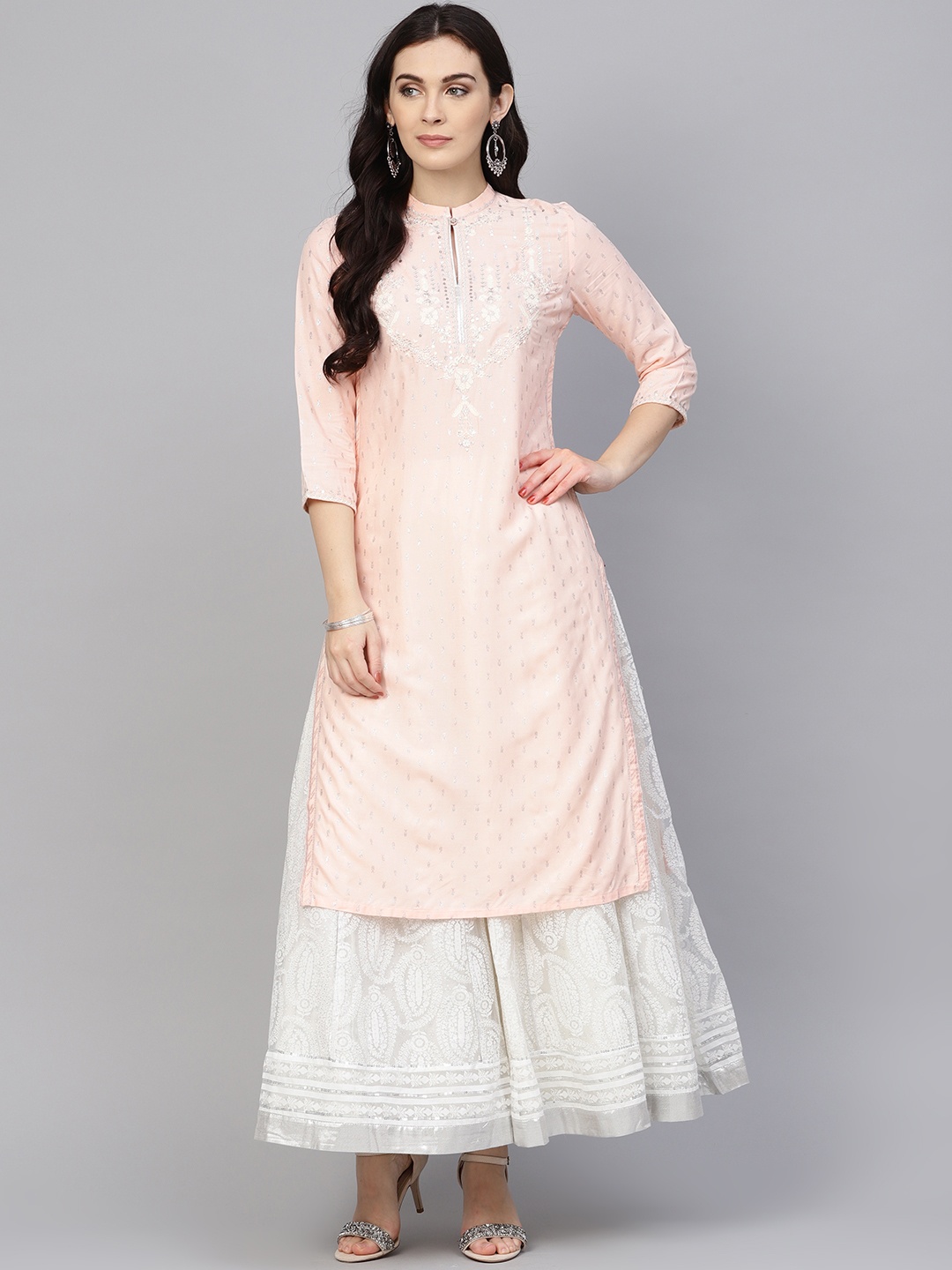 

W Women Peach-Coloured & Silver Printed Straight Kurta