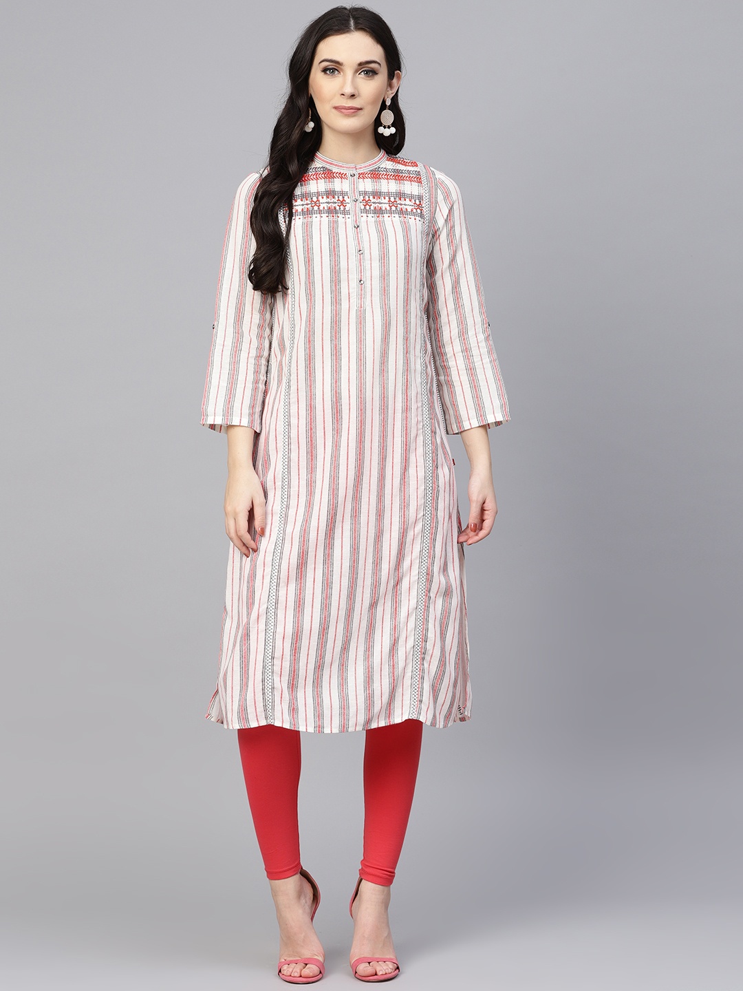 

W Women Off-White & Red Striped Straight Kurta