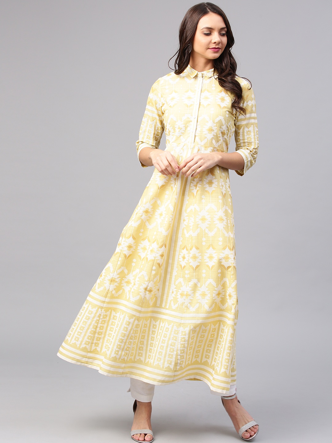 

W Women Yellow & White Printed A-Line Kurta