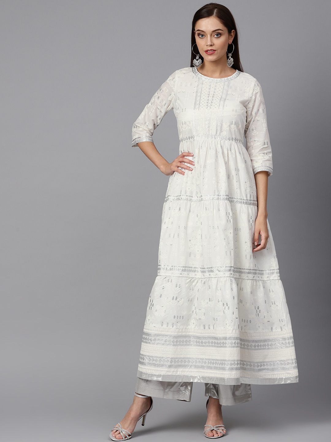 

W Women White & Silver Printed Tiered A-Line Kurta