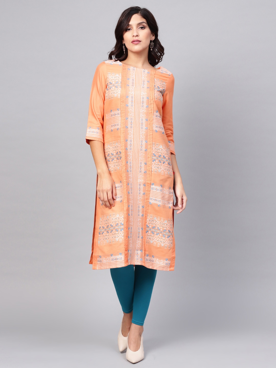 

W Women Peach-Coloured Woven Design Straight Kurta