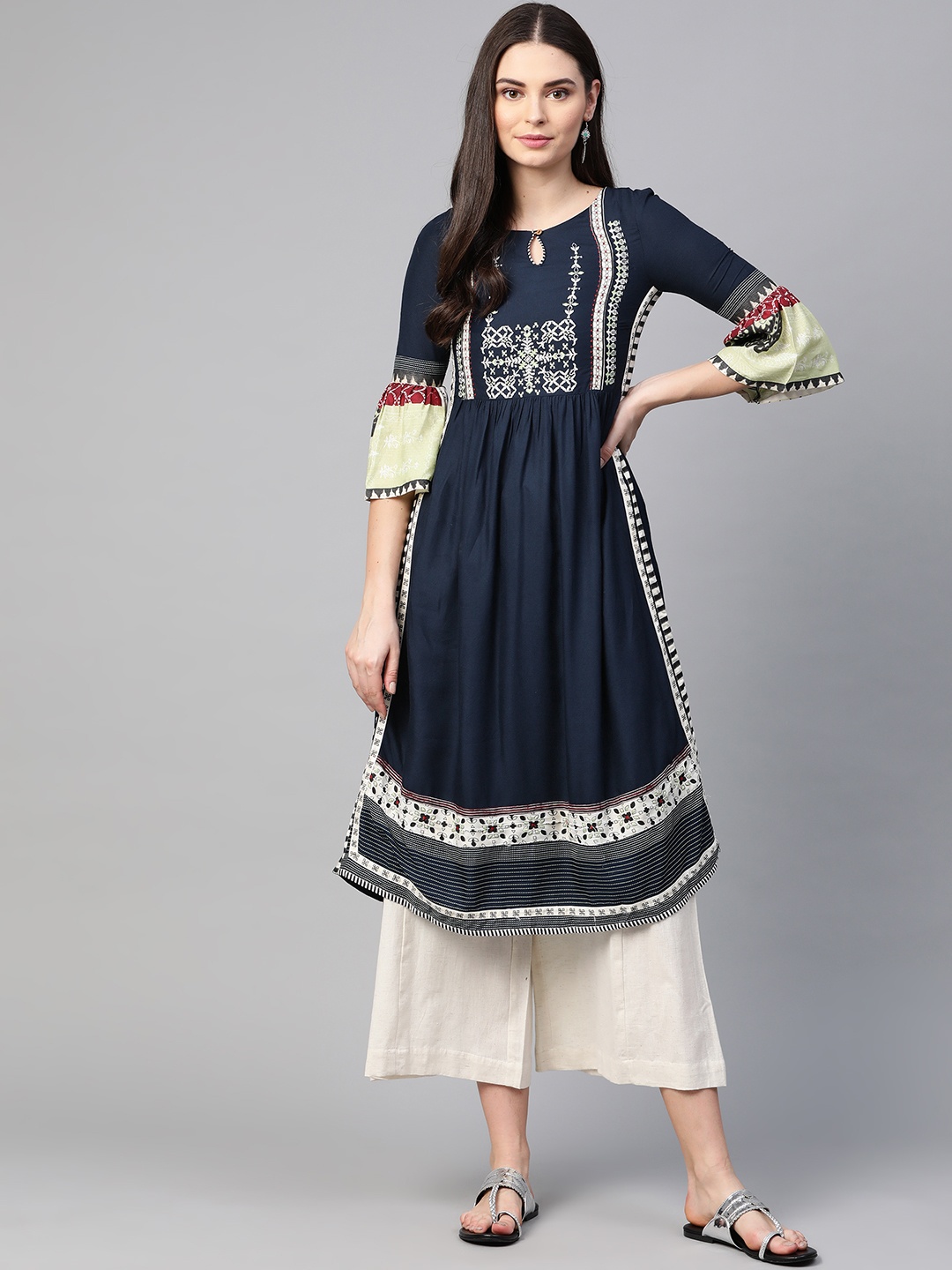 

W Women Navy Blue & White Ethnic Motifs Yoke Design Keyhole Neck Thread Work Kurta