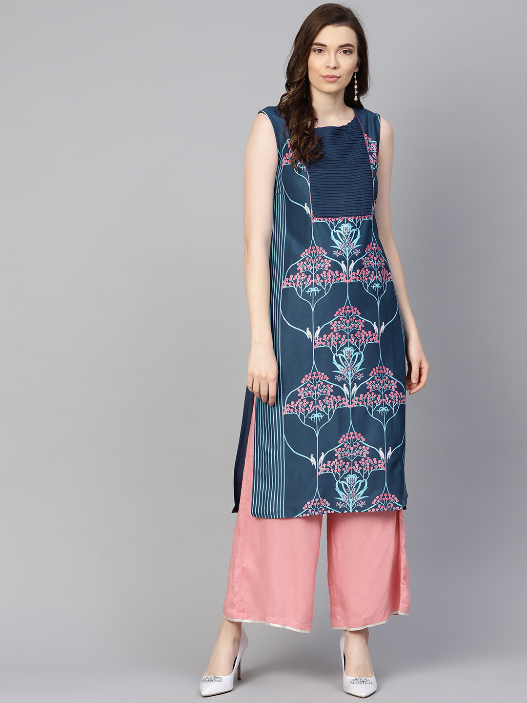 

W Women Navy Blue & Pink Printed Straight Kurta