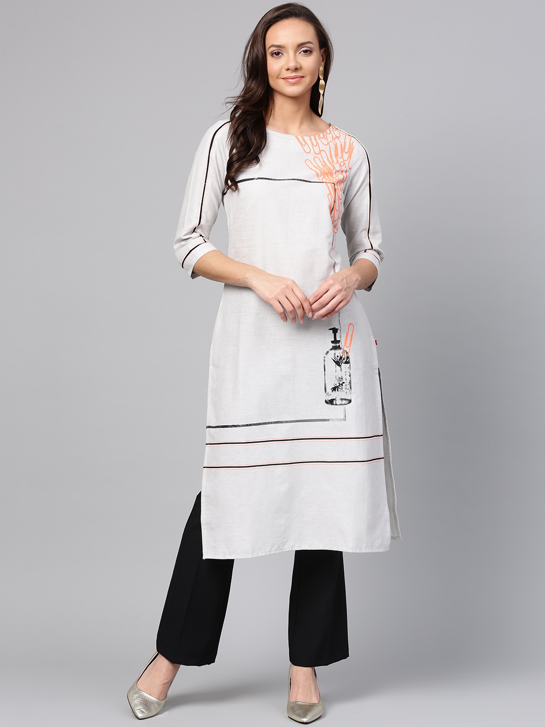

W Women Grey Quirky Print Straight Kurta