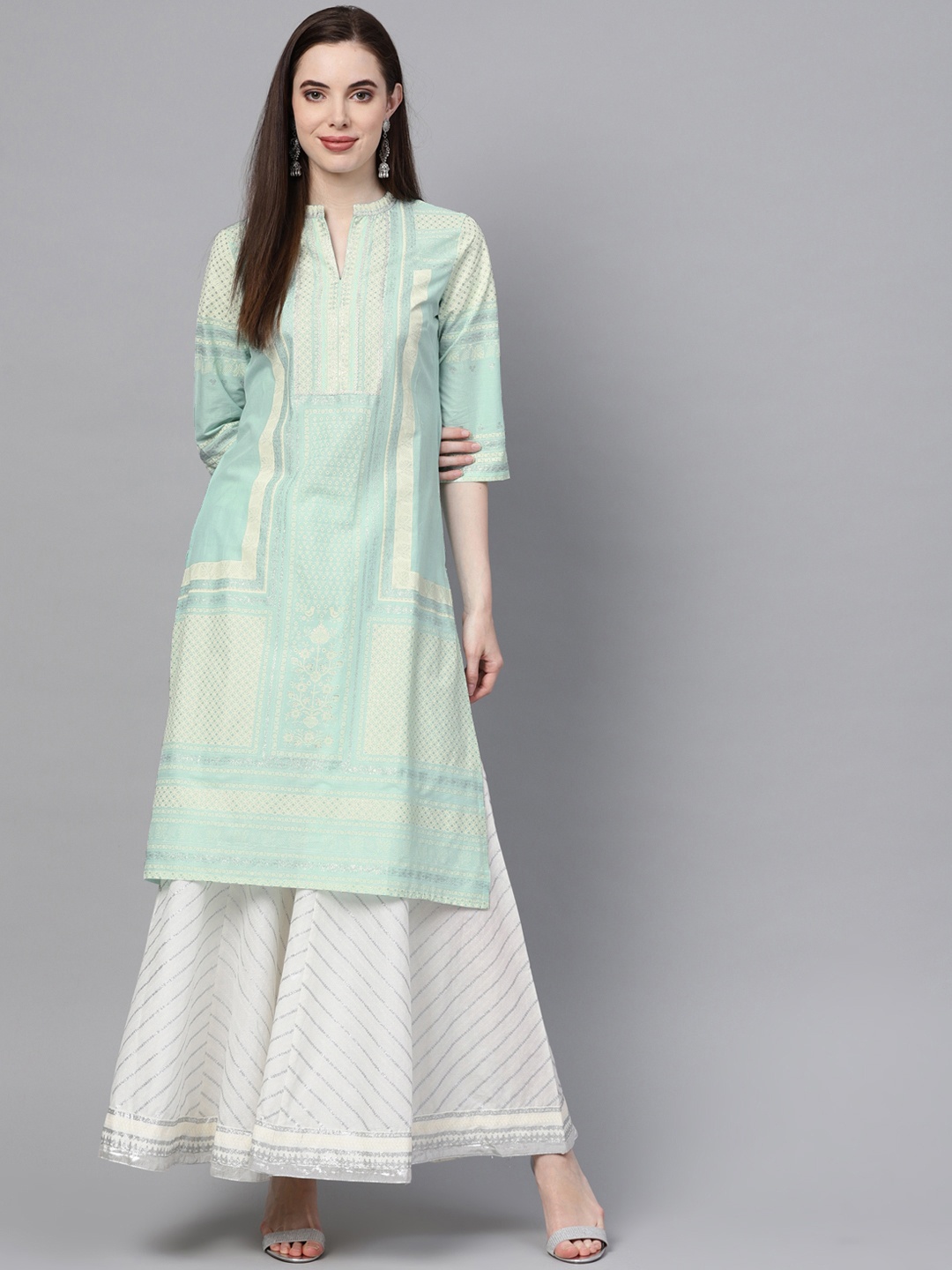 

W Women Blue & Off-White Printed Straight Kurta