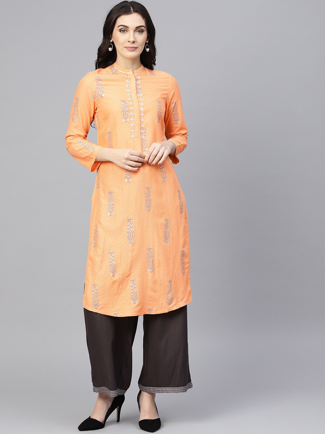 

W Women Orange & Grey Printed Straight Kurta