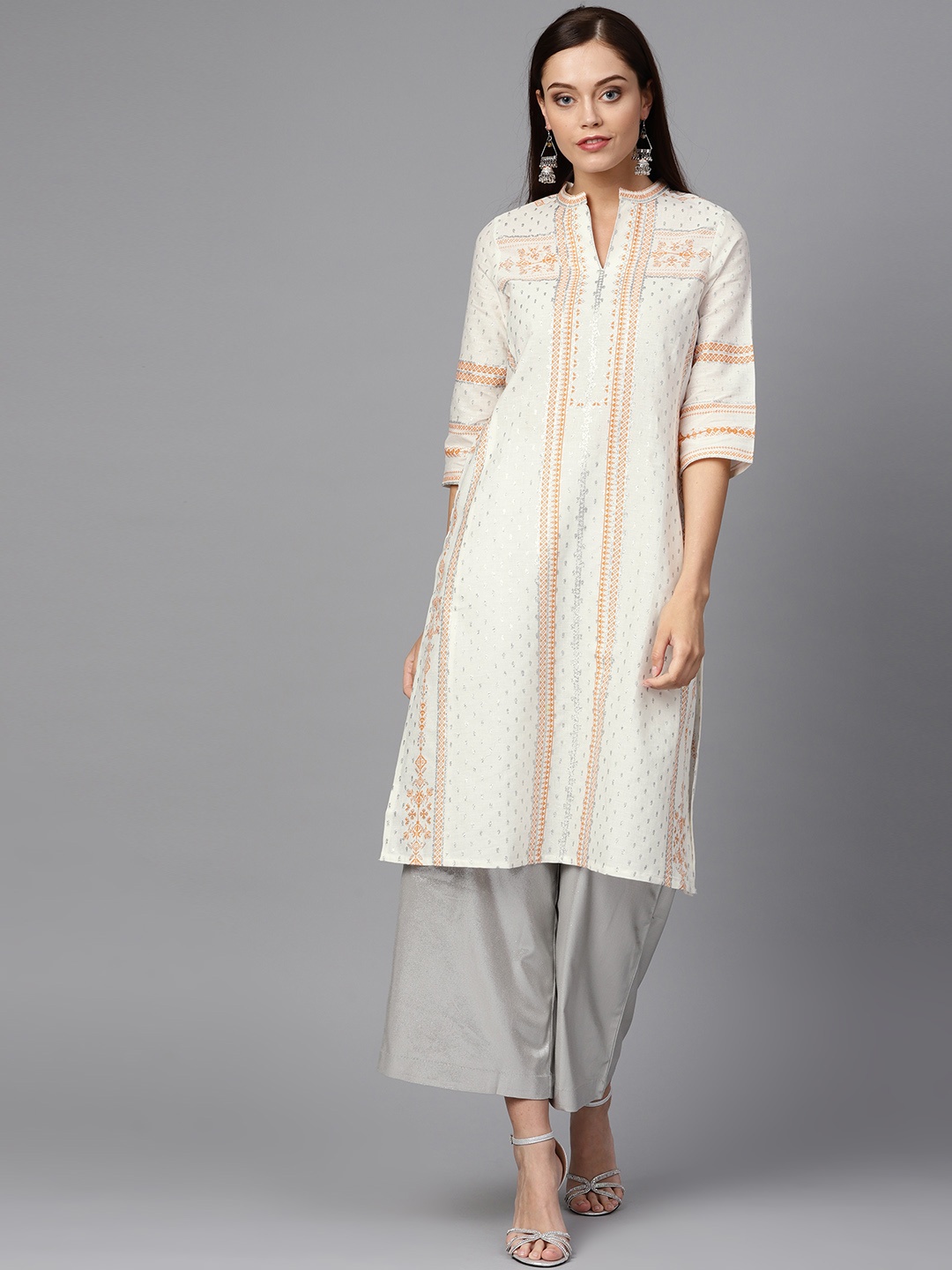 

W Women White & Orange Printed Straight Kurta