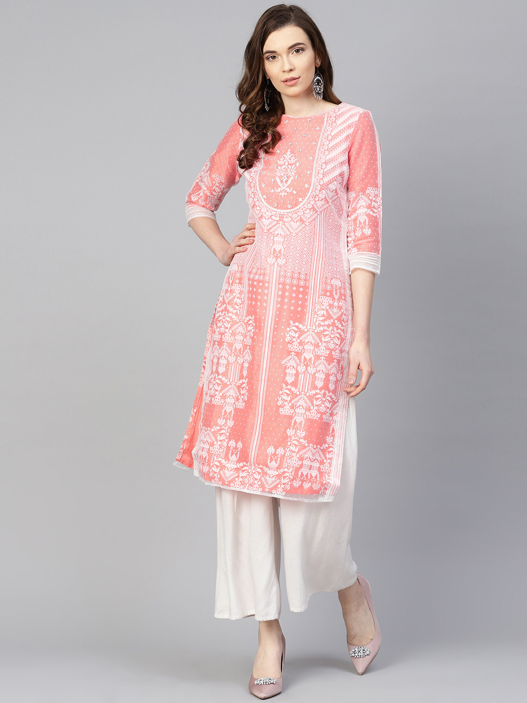 

W Women Peach-Coloured & White Printed Kurta