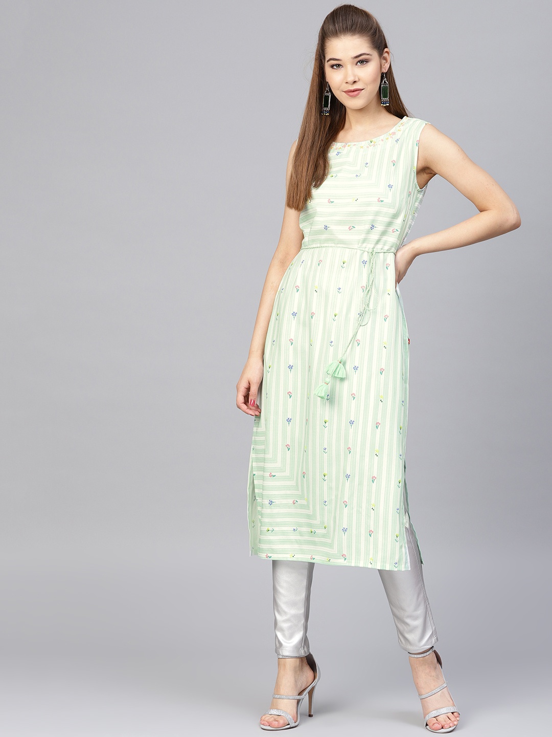 

W Women Green & White Striped Straight Kurta