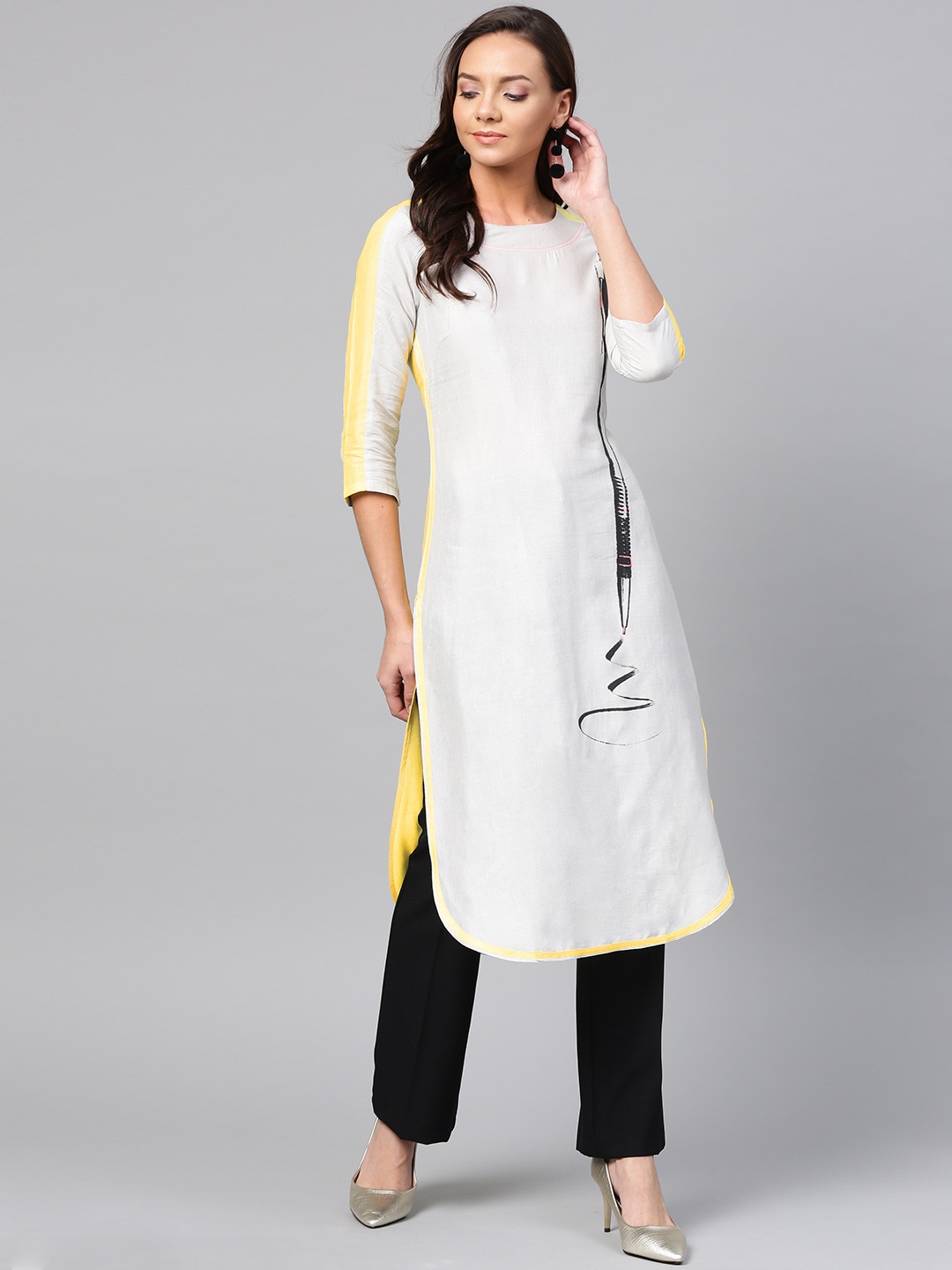

W Women Grey & Yellow Quirky Printed Straight Kurta