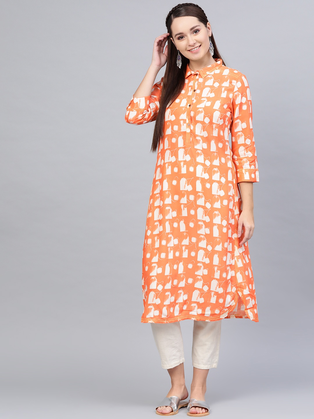 

W Women Orange & White Quirky Print A-Line Kurta