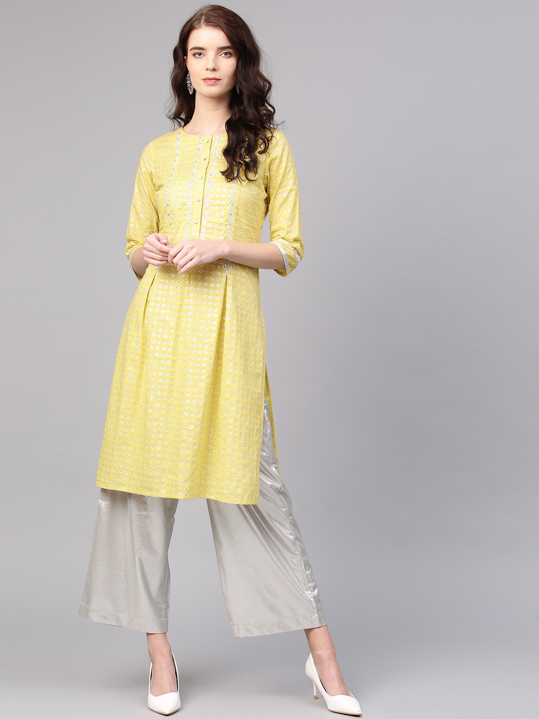 

W Women Yellow & White Printed Straight Kurta