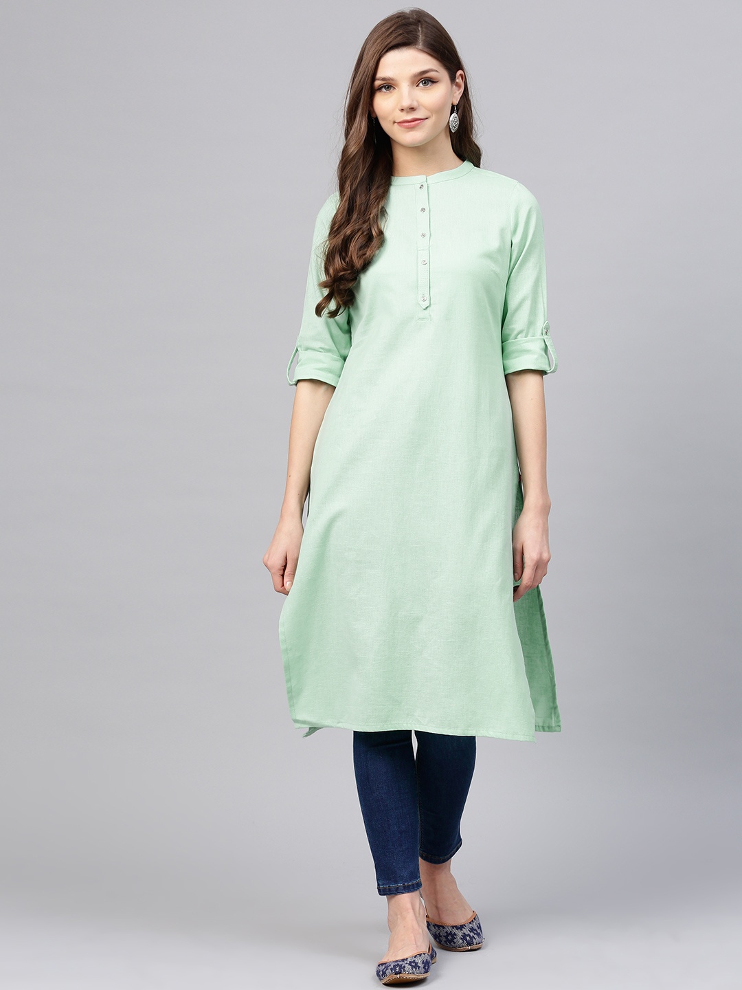 

W Women Green Solid Straight Kurta