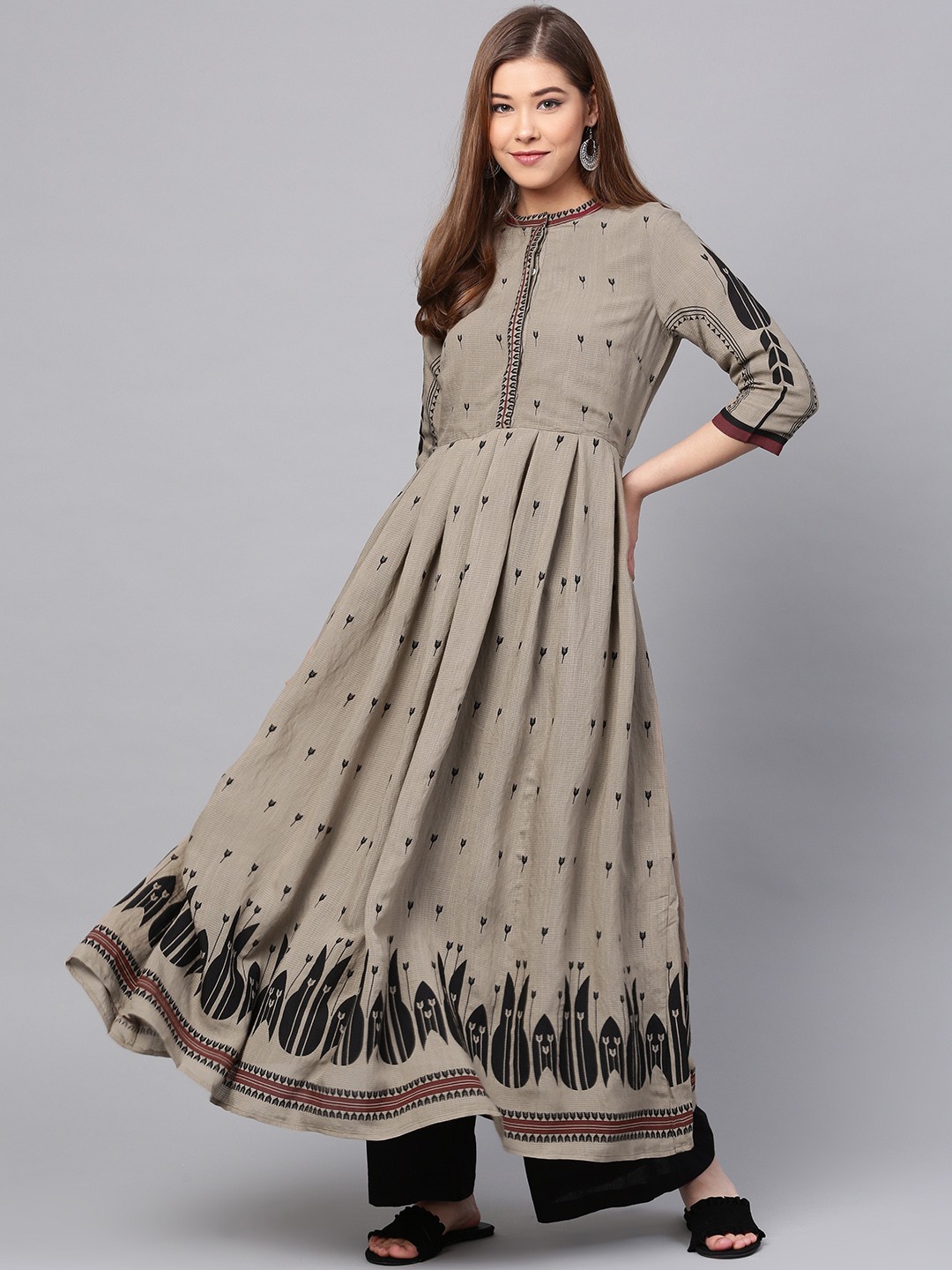

W Women Taupe & Black Printed Anarkali Kurta