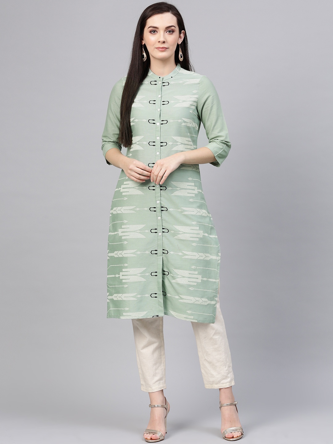 

W Women Green & Off-White Printed Straight Kurta