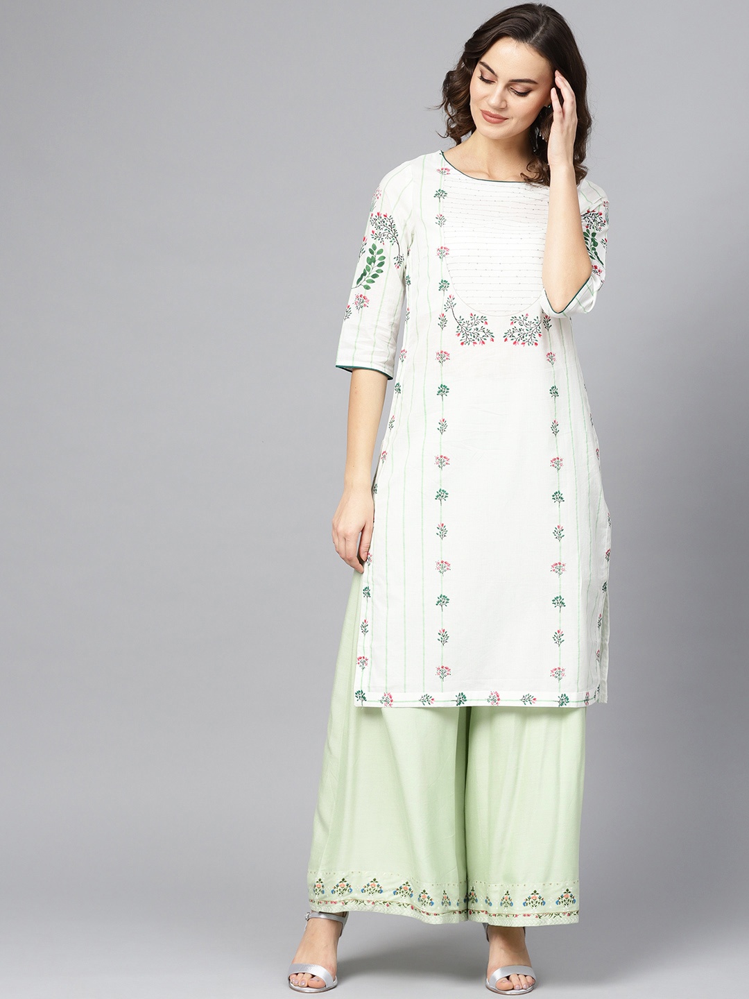 

W Women White & Green Printed Straight Kurta