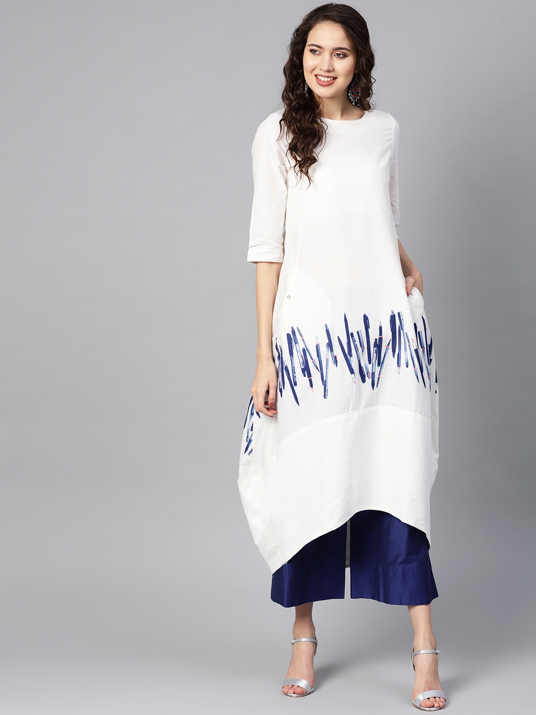 

W Women White & Blue Quirky Printed A-Line Kurta