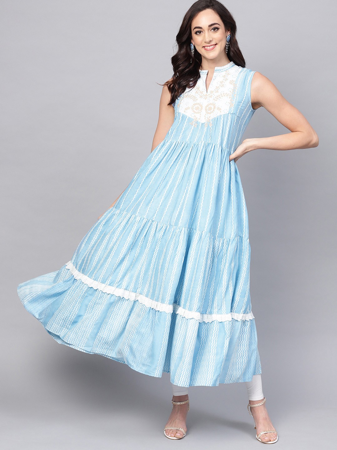 

W Women Blue & White Printed A-Line Kurta