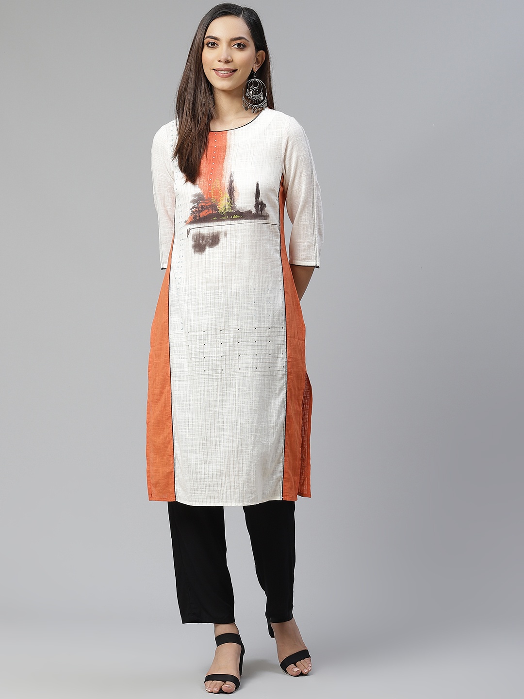 

W Women Off-White & Orange Printed Straight Kurta