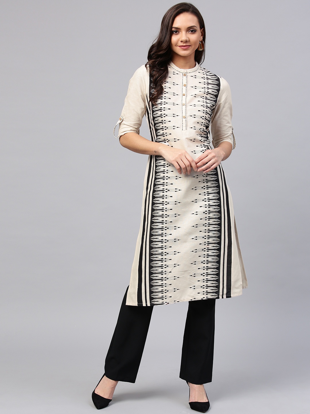 

W Women Off-White & Black Printed Straight Kurta, Beige