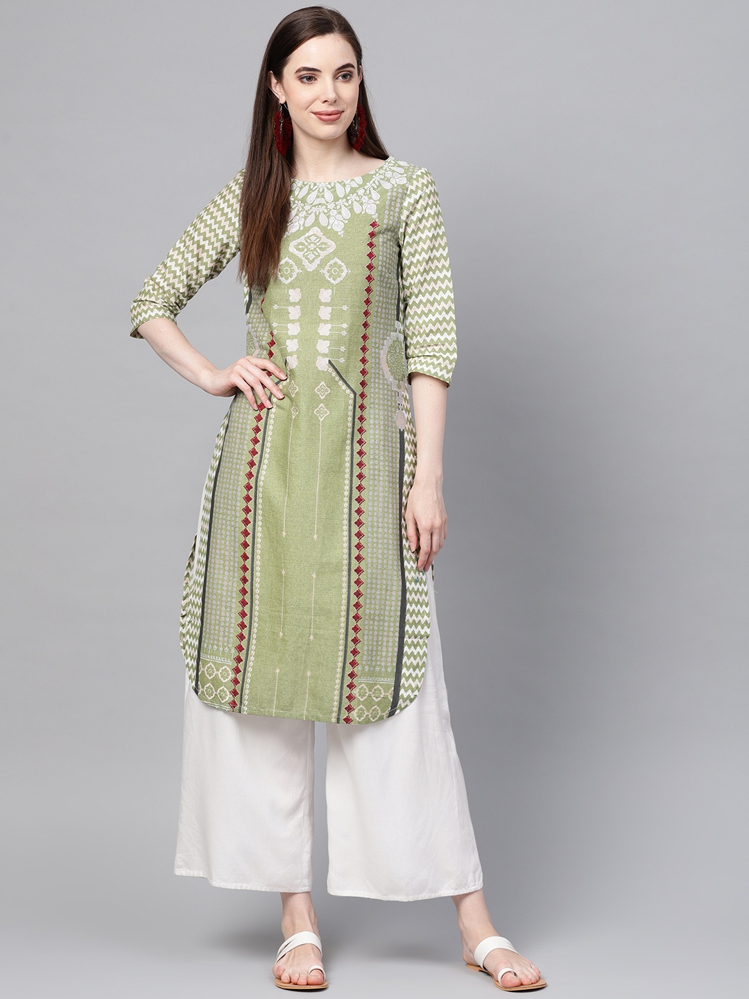 

W Women Green & White Printed Straight Kurta
