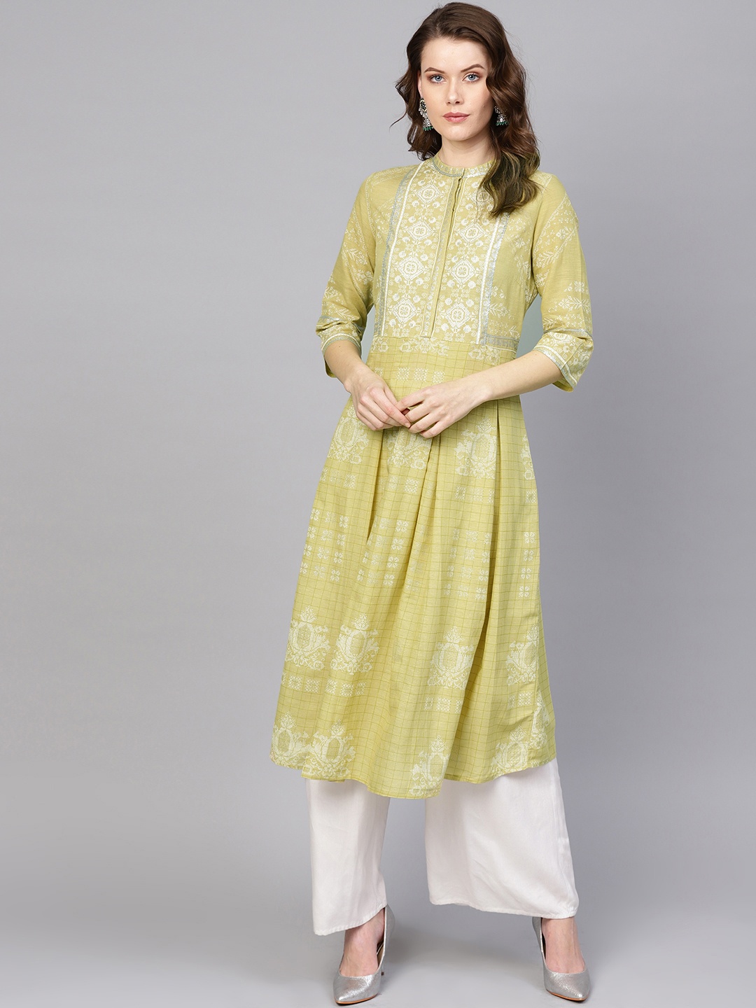 

W Women Green & White Printed A-Line Kurta