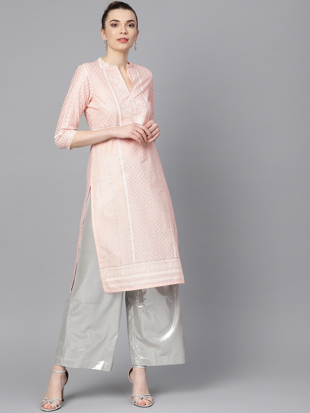 

W Women Pink & Silver Printed Straight Kurta