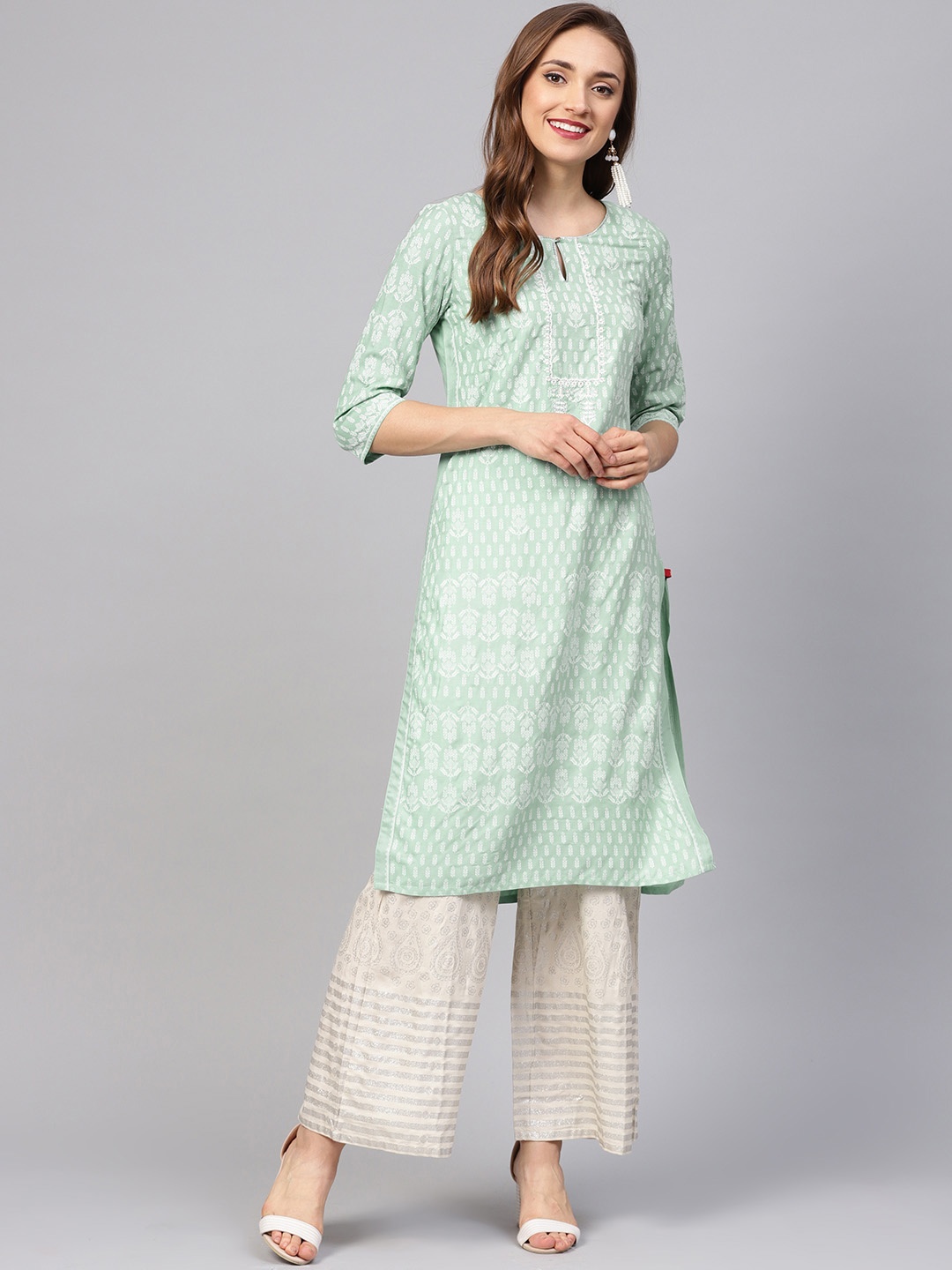 

W Women Sea Green & White Printed Straight Kurta