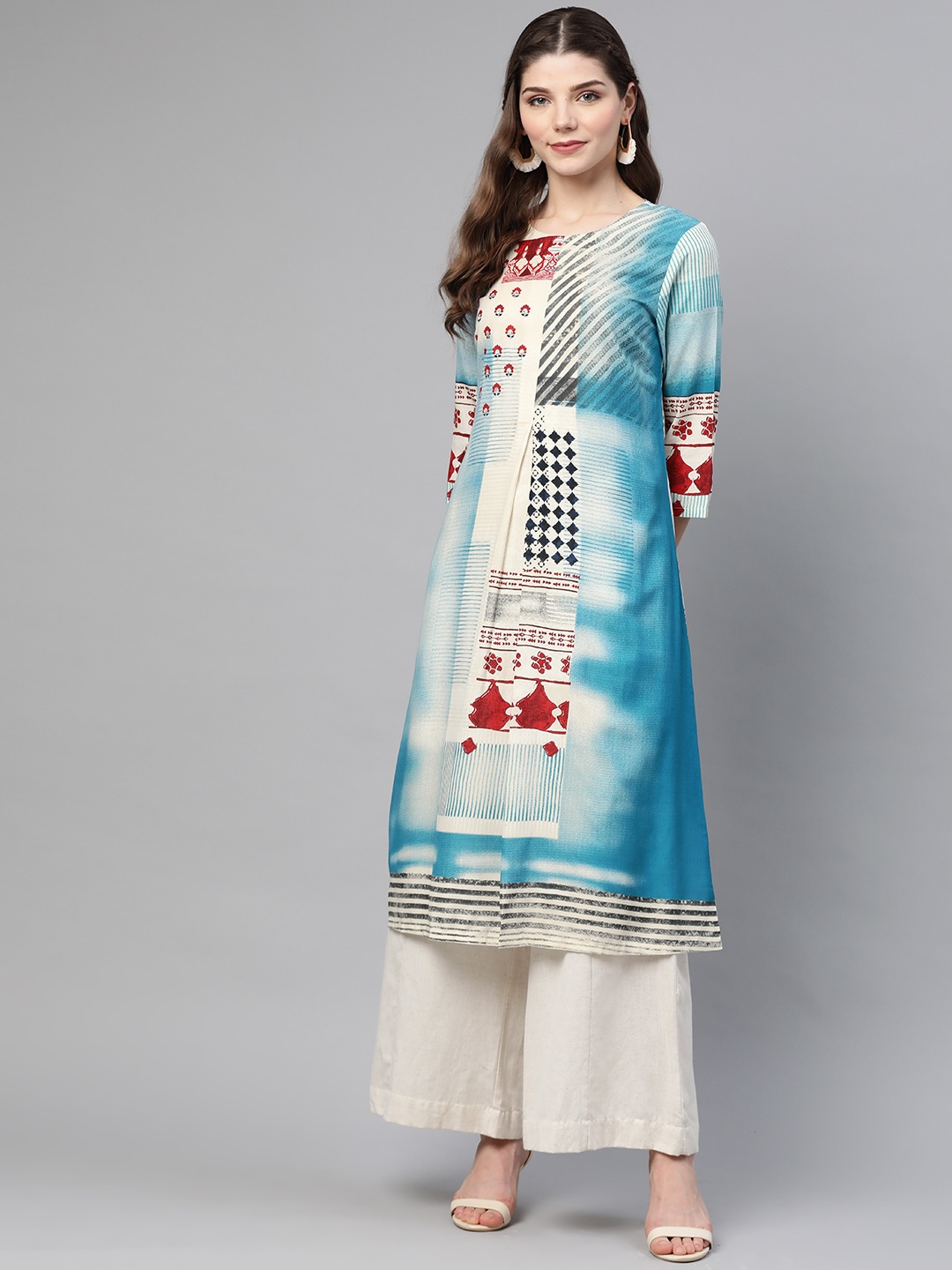 

W Women Off-White & Blue Printed A-Line Kurta