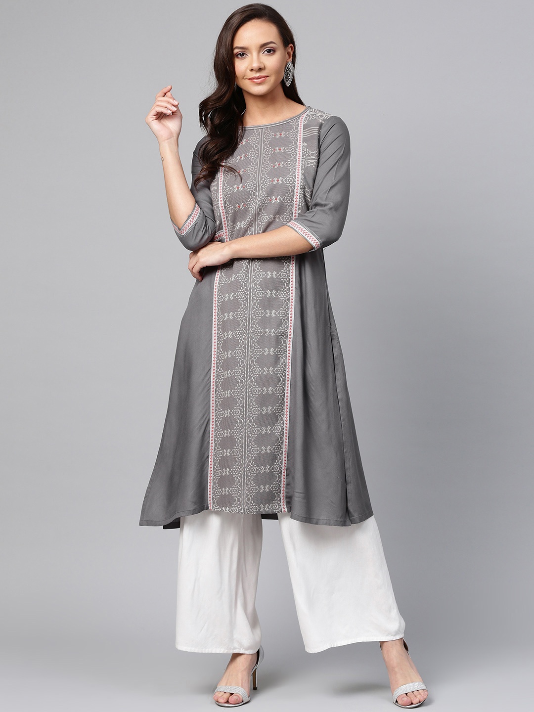 

W Women Grey Woven Design A-line Kurta