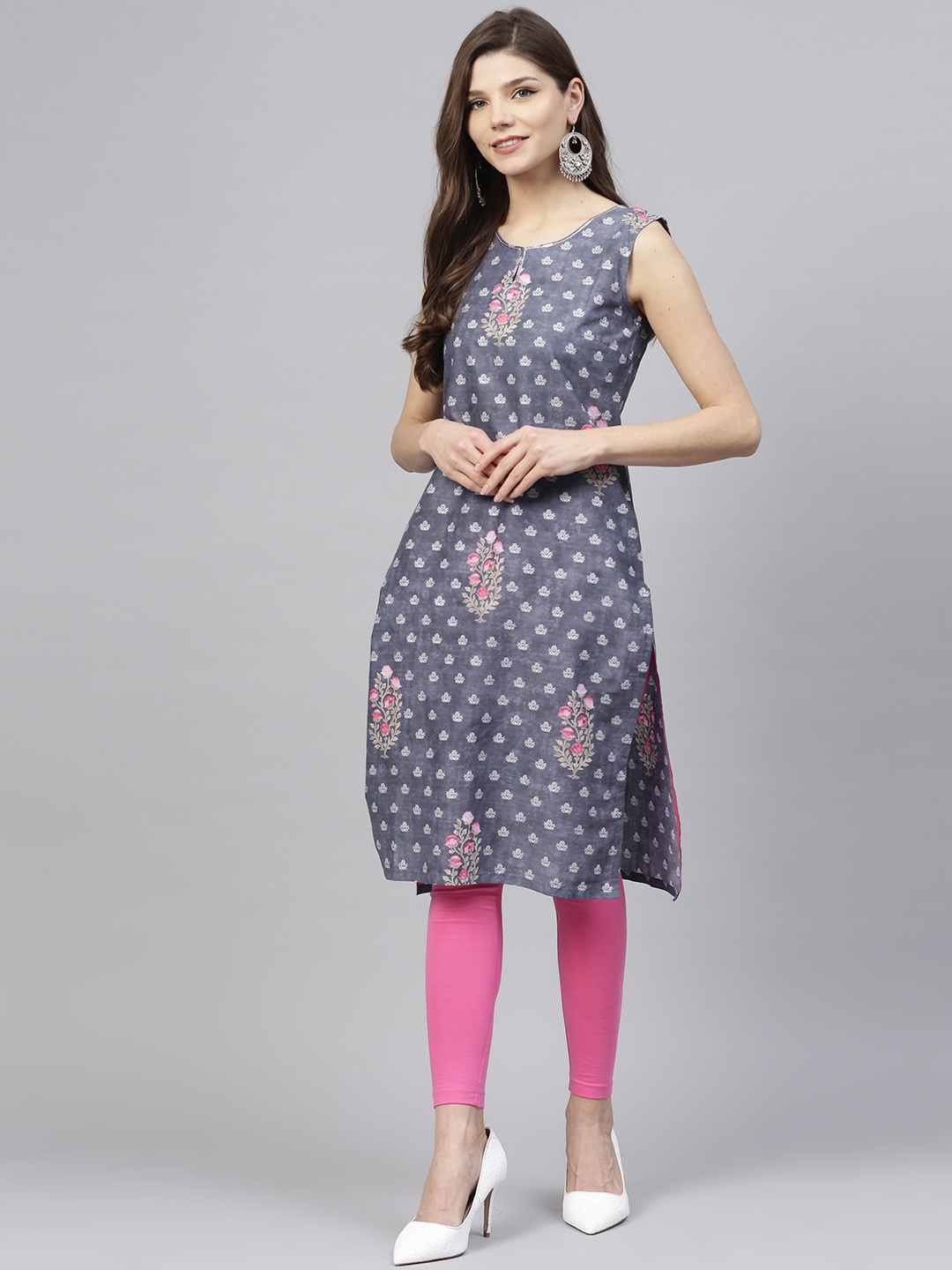 

W Women Blue & White Printed Straight Kurta
