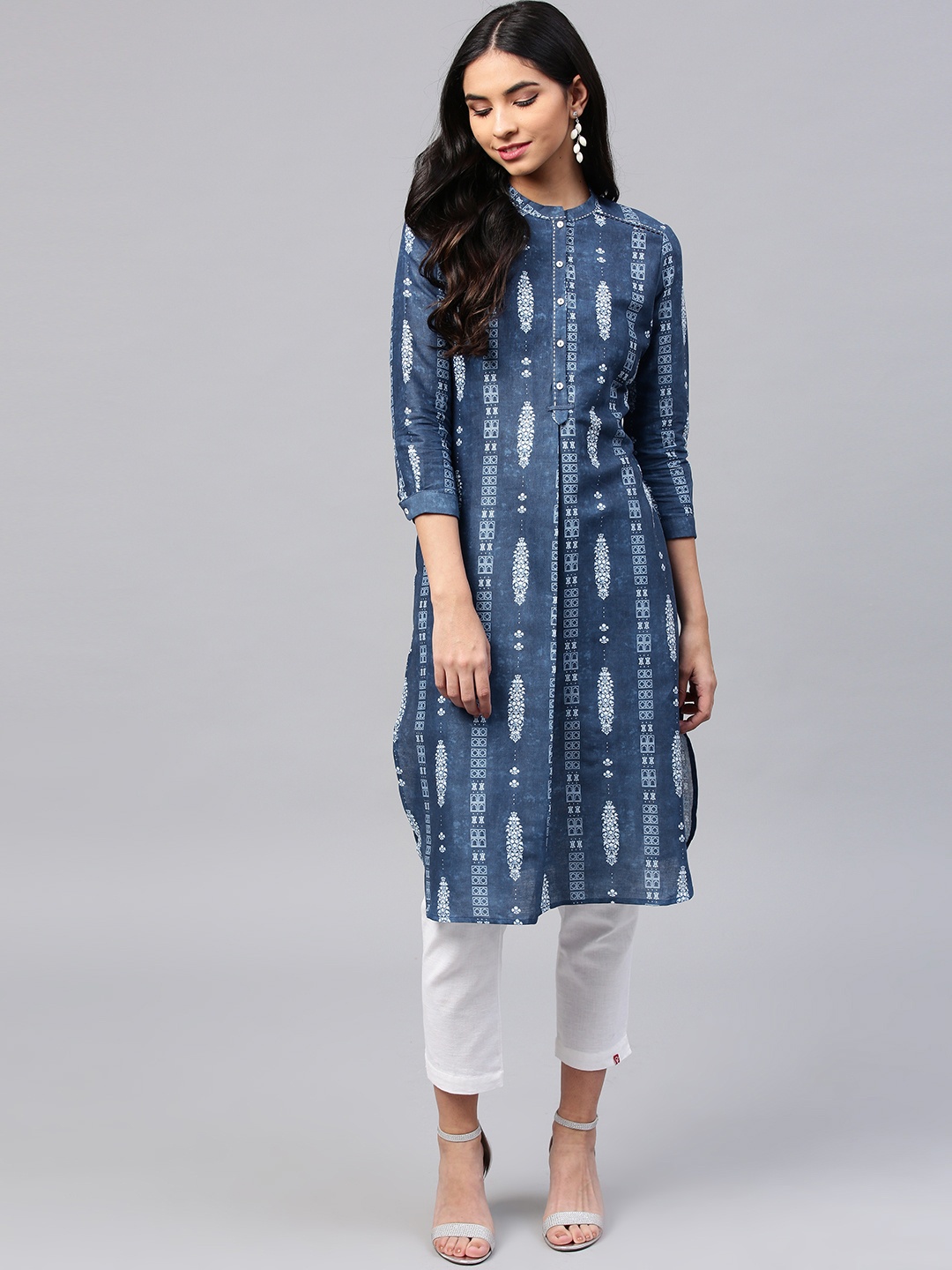 

W Women Blue Printed Straight Kurta