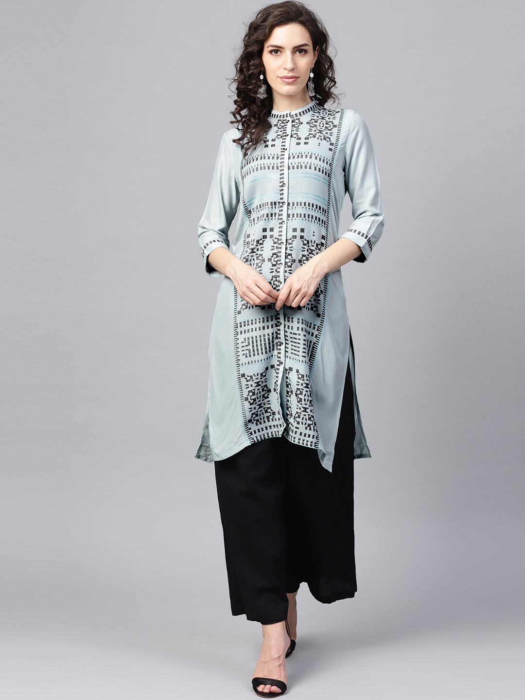 

W Women Straight Cotton Kurta, Blue