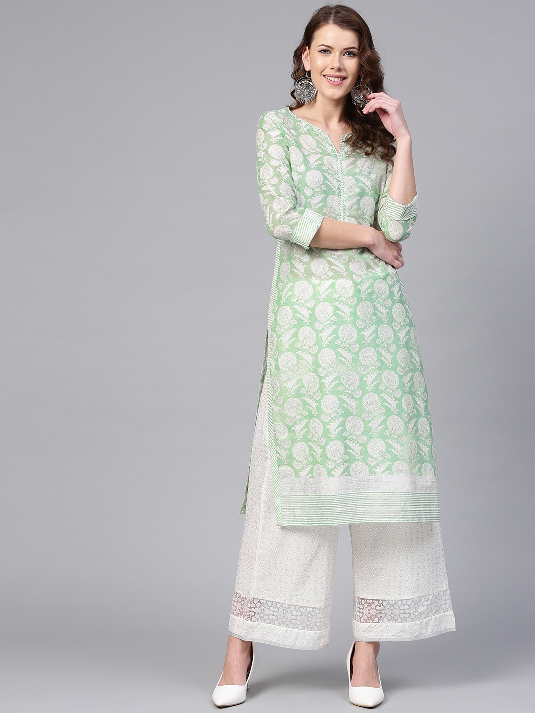 

W Women Green & White Printed Straight Kurta