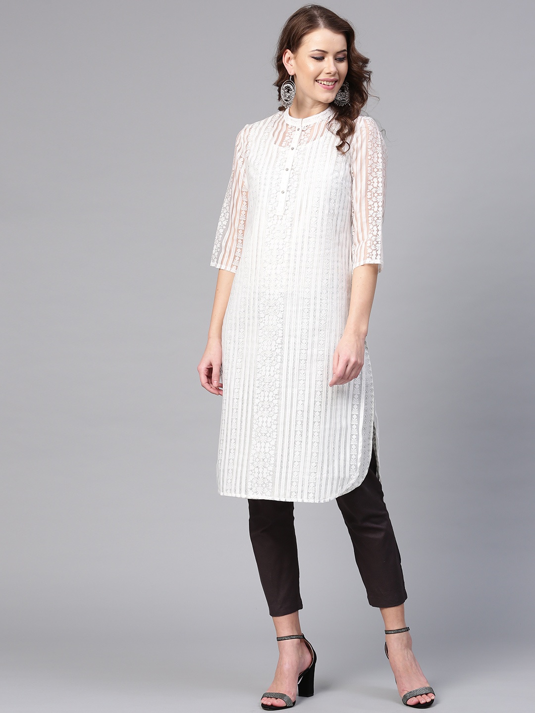 

W Women White Printed Layered Straight Kurta