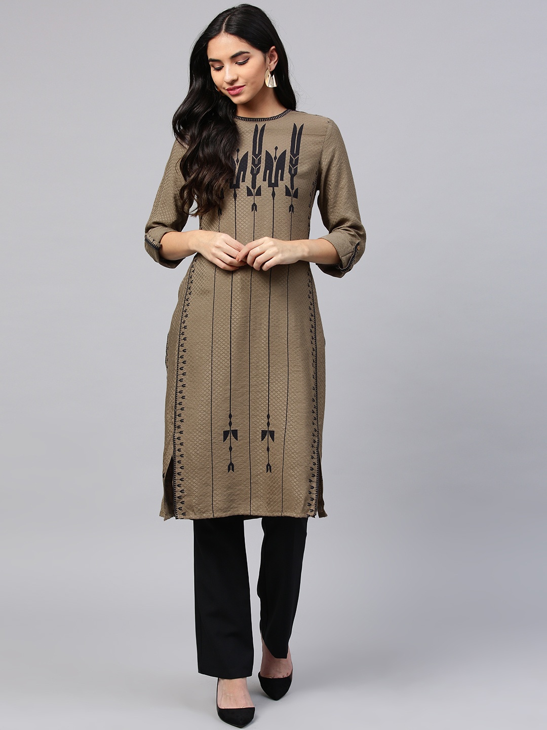 

W Women Taupe & Black Striped Straight Kurta