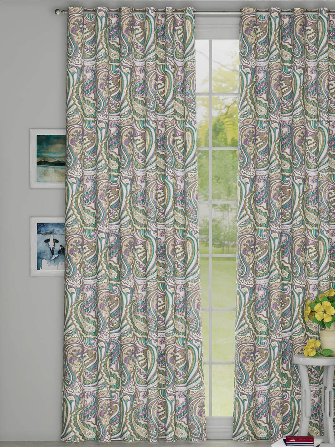 

GM Off-White & Green Set of Single Door Curtains