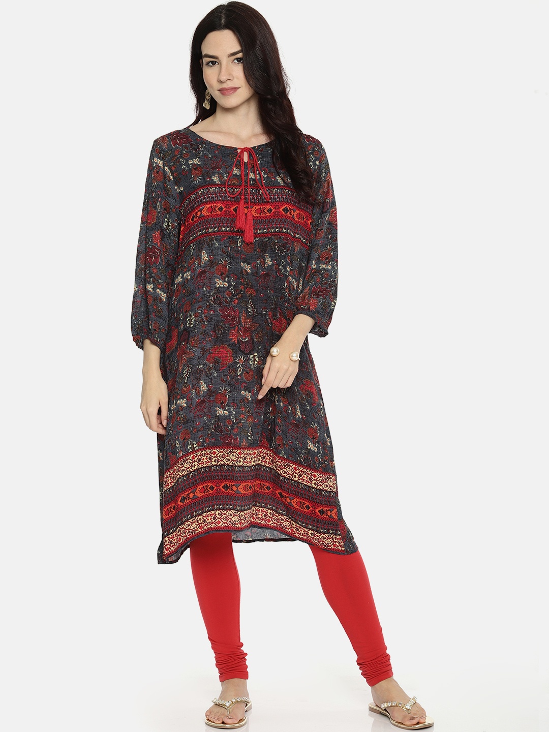 

Melange by Lifestyle Women Grey & Red Printed Straight Kurta