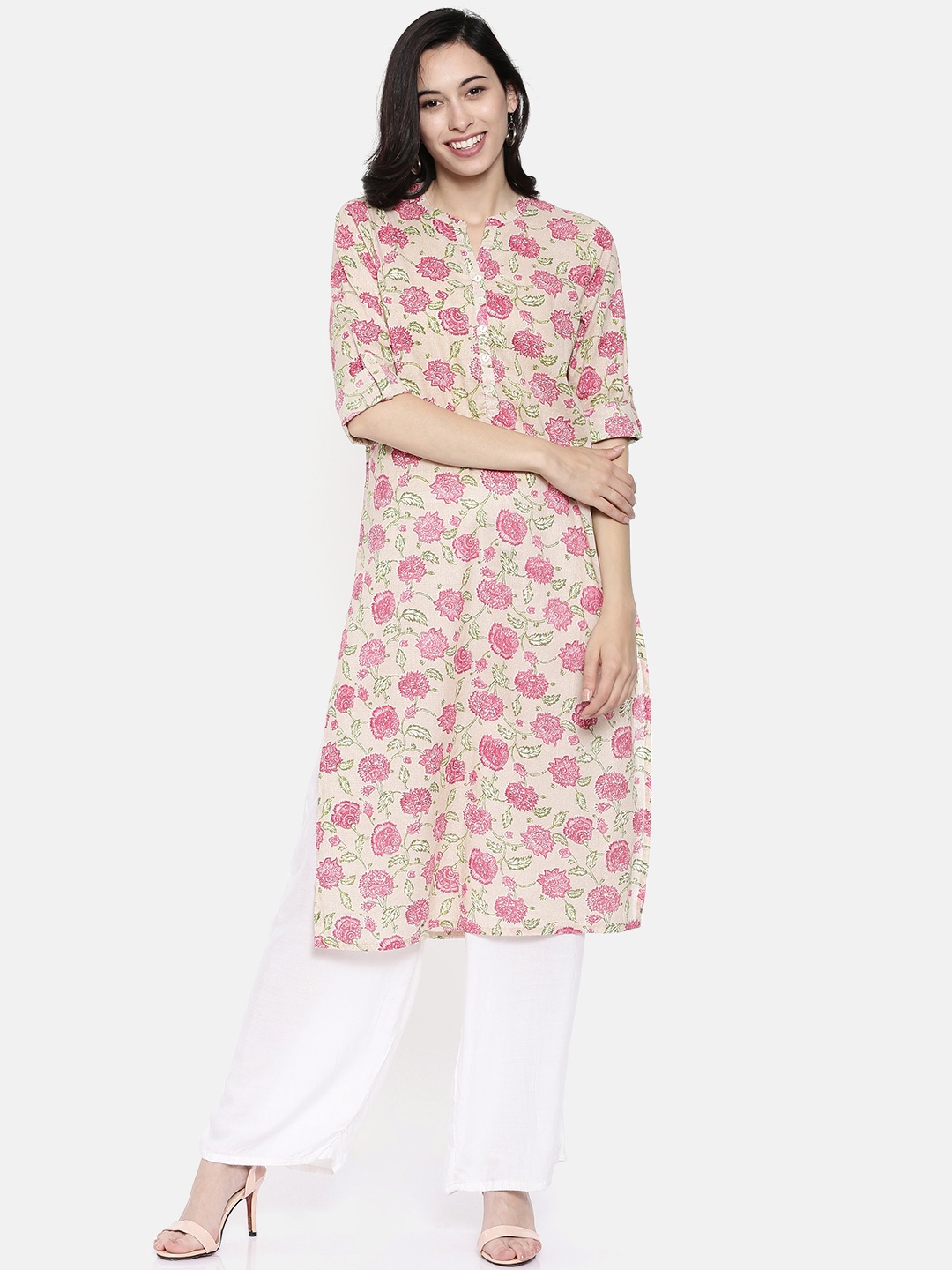

Melange by Lifestyle Women Beige & Pink Printed Straight Kurta