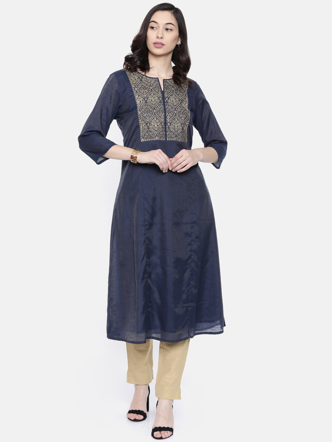 

Melange by Lifestyle Women Navy Embroidered A-Line Kurta, Navy blue